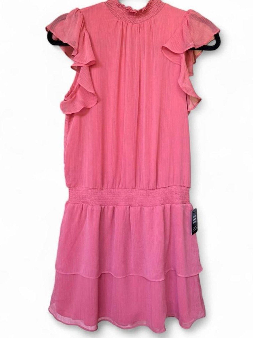 Express Smocked Mock Neck Ruffle Dress | Tiered Mini Coral Pink Size S | NWT 🌸